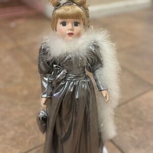 Elegant Silver Doll Tina with White Fur Trim and doll stand